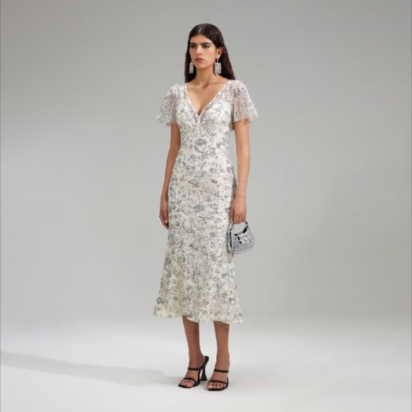 Self Portrait Dress Champagne Sequinned Midi Dress Size 8 - Picture 10 of 11